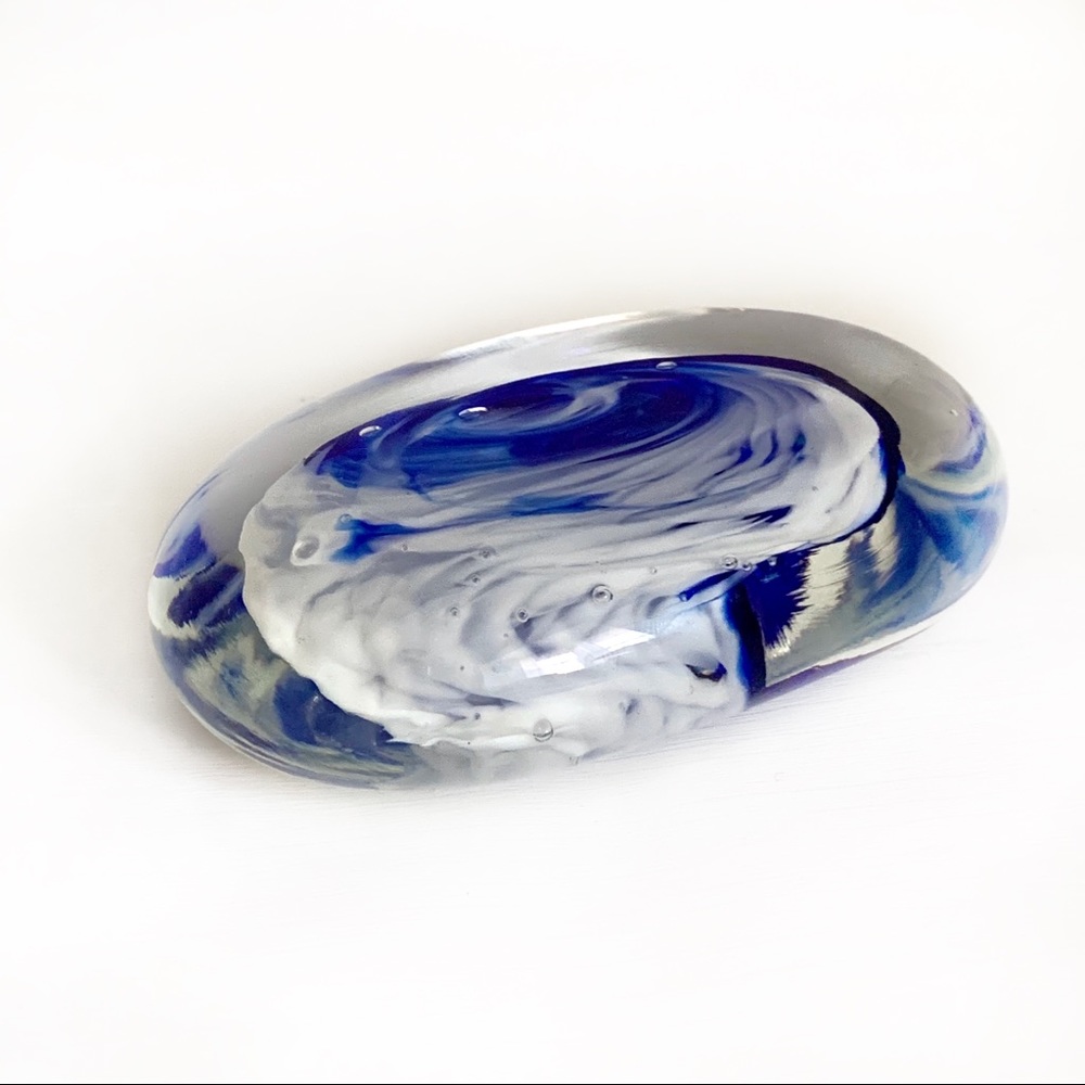 Vintage Art Glass Blue/White Paperweight